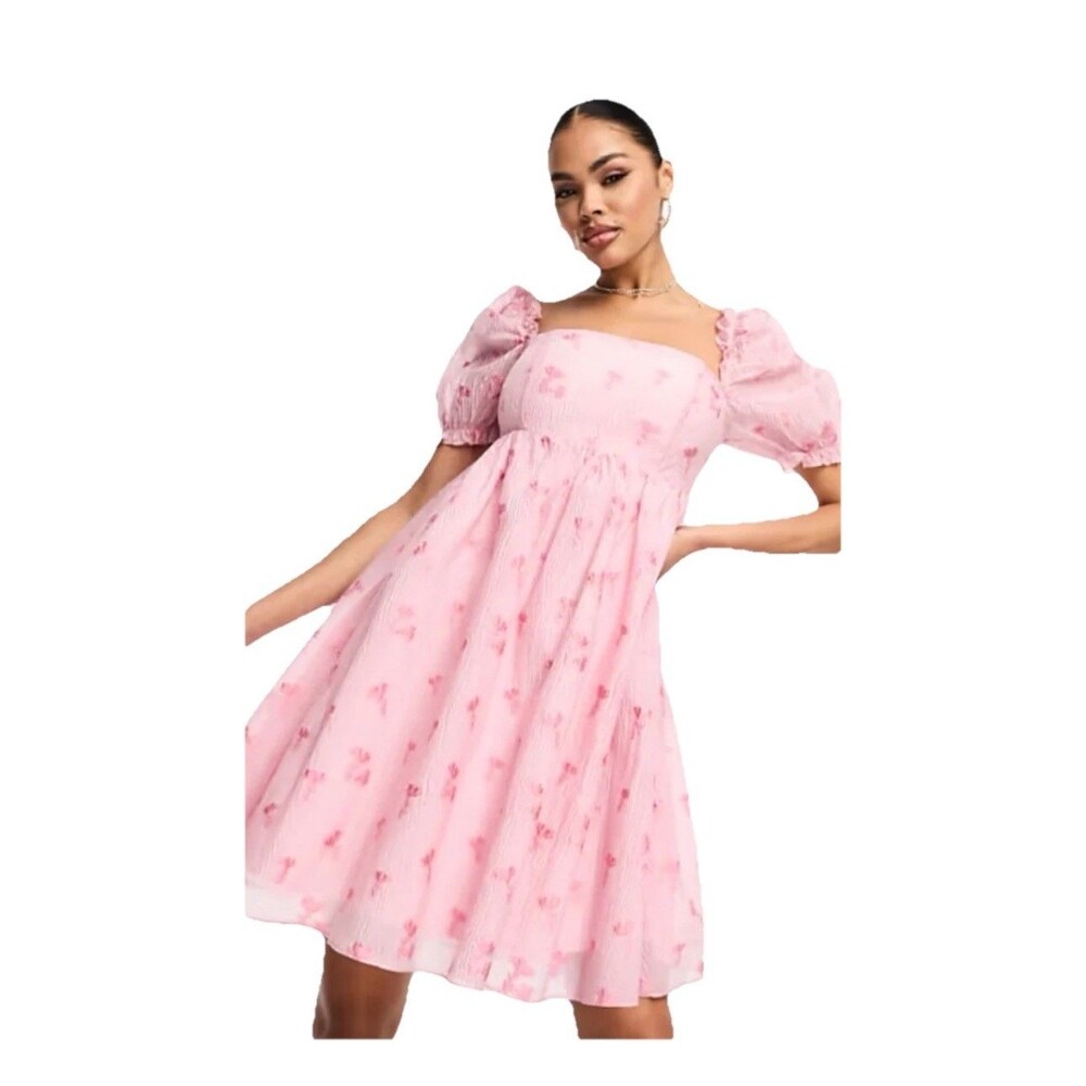 Collective The Label Dress Sz 4 Puff Sleeve Smock Dress In Pink Floral Brocade